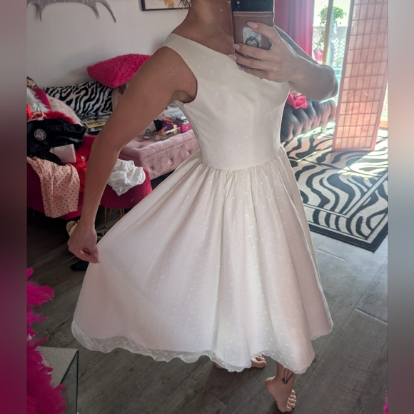 Dolly Parton Couture Bride White Polka dot Swing Wedding Dress Lg Retro Vintage - Picture 4 of 13